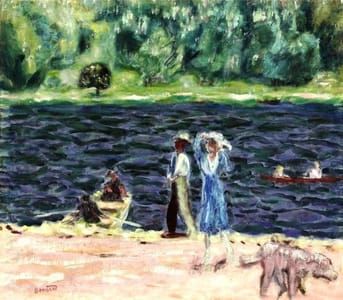 Artwork Title: Bord de rivière, deux femmes et un chien
