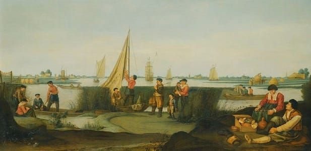 Artwork Title: Fishermen On The Banks Of A River Estuary