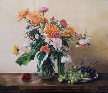 Artwork Title: Blumenstillleben mit Obstschale und Weintrauben