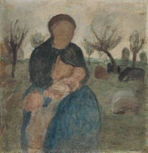 Artwork Title: Mother with baby at her Breast and Child in Landscape