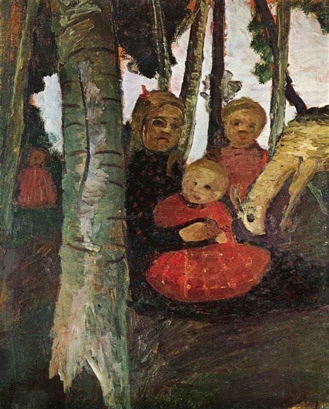 Artwork Title: Three Children with Goat in Birch Forest