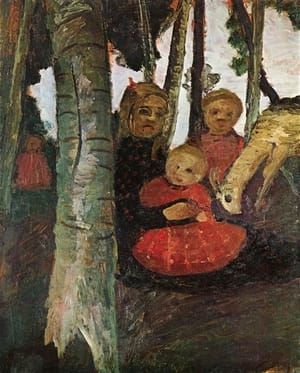 Artwork Title: Three Children with Goat in Birch Forest