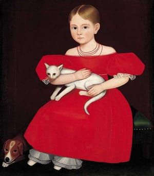 Artwork Title: Girl in Red Dress with Cat and Dog