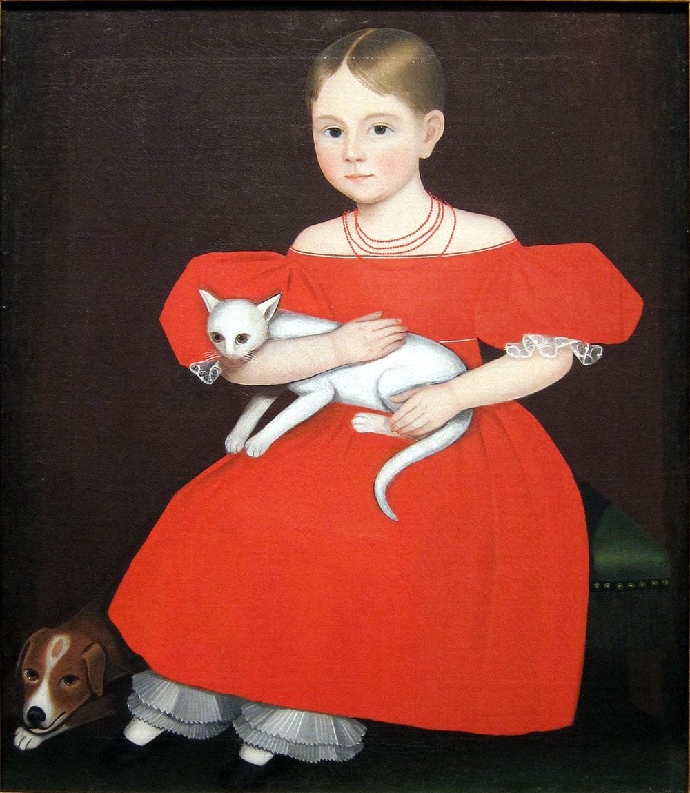 Artwork Title: Girl in Red Dress with Cat and Dog