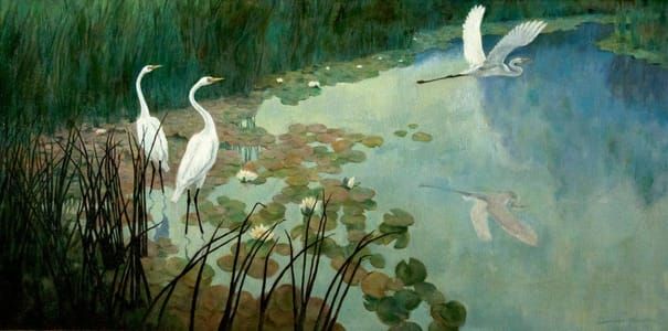 Artwork Title: Cranes (Egrets in Summer Landscape)