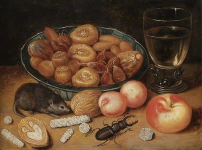 Artwork Title: Still life with Chestnuts, Hazelnuts in a Bowl with a Roemer, Apple, Beetle and Mouse
