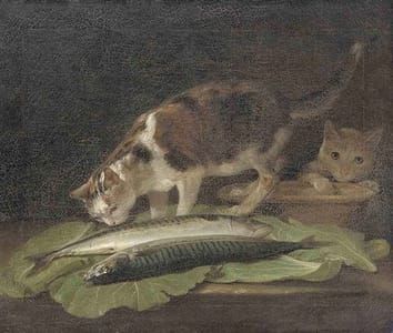 Artwork Title: Two Cats on a Table with an Earthenware Bowl and Two Fish