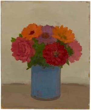 Artwork Title: Zinnias and Pink Rose in Blue Pot