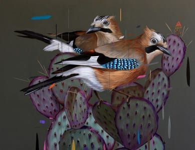 Artwork Title: Eurasian Jays and Prickly Pears