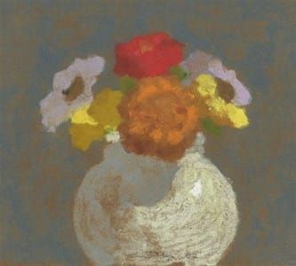 Artwork Title: Purple, Red, Yellow, and Orange Flowers in a Grey Vase