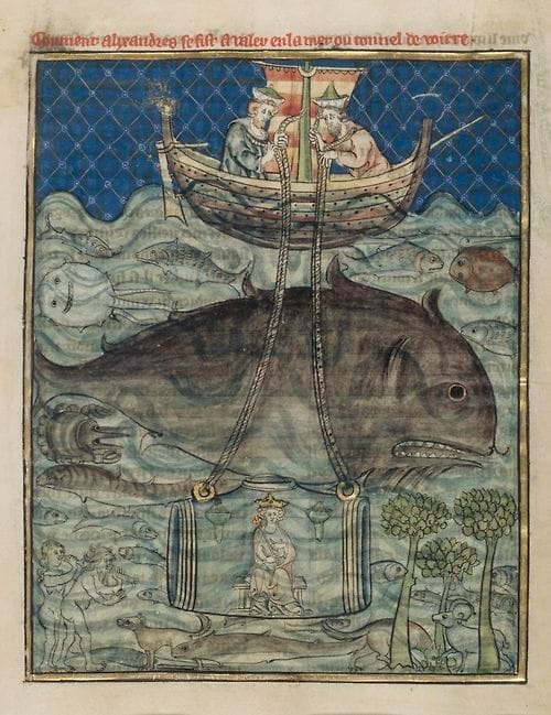 Artwork Title: Alexander the Great travels beneath the sea in a 13th Century glass submarine, an illustration from 