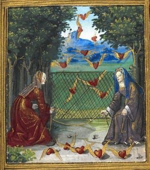 Artwork Title: Women catching flying hearts from a French manuscript, Petit Livre d’Amour