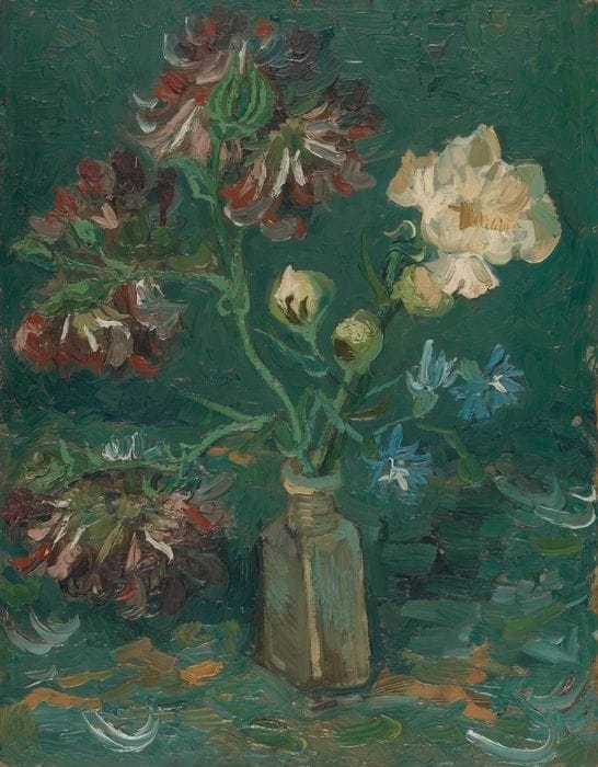 Artwork Title: Small Bottle with Peonies and Blue Delphiniums
