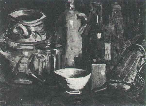 Artwork Title: Still Life With Pottery, Beer Glass And Bottle