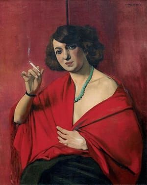 Artwork Title: Woman draped in red holding a cigarette (Femme drapée de rouge tenant une cigarette)