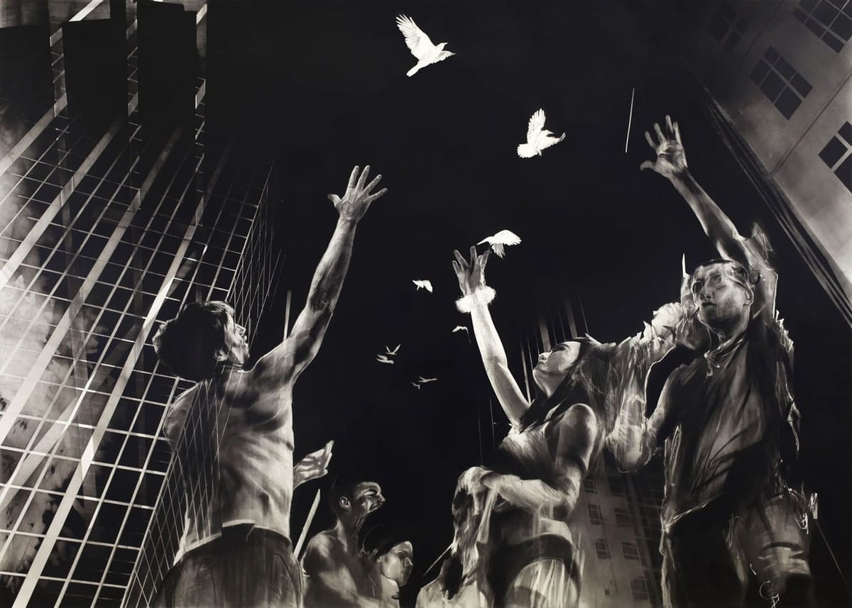 Artwork Title: A Flock Of Birds Suspended Between Buildings