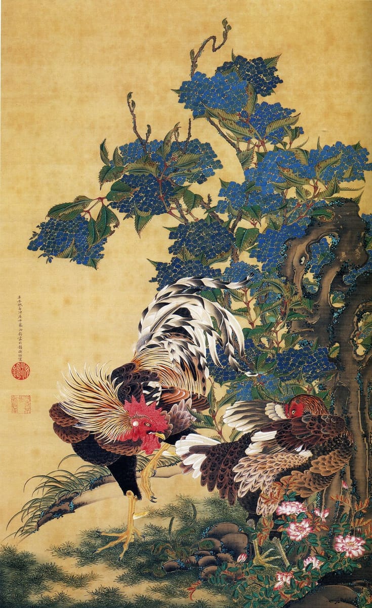 Artwork Title: Rooster and Hen with Hydrangeas