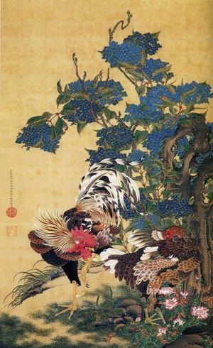 Artwork Title: Rooster and Hen with Hydrangeas