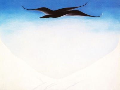 Artwork Title: A Black Bird with Snow Covered Red Hills