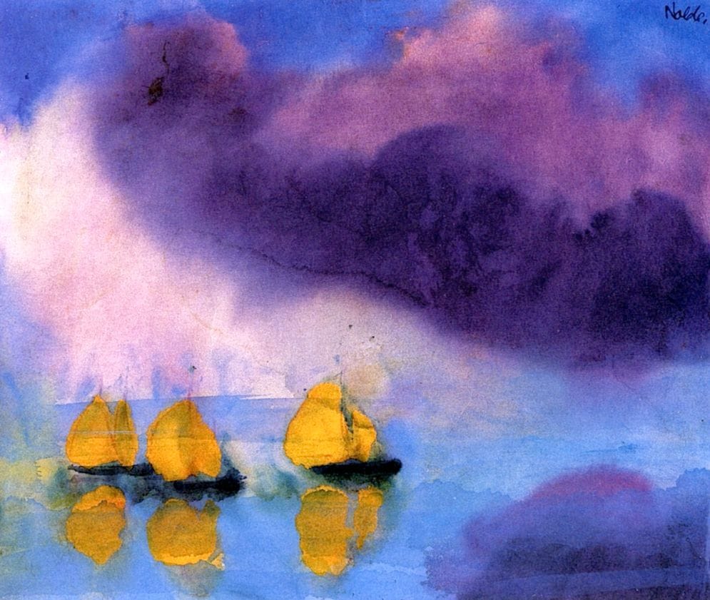 Artwork Title: Sea with Violet Clouds and Three Yellow Sailboats