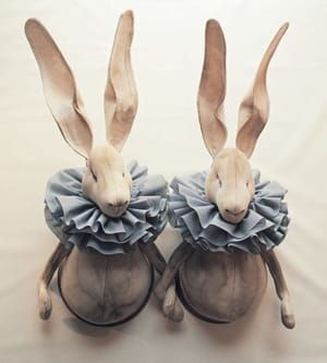 Artwork Title: A Pair Of Textile Taxidermy Hares With Grey Ruffles