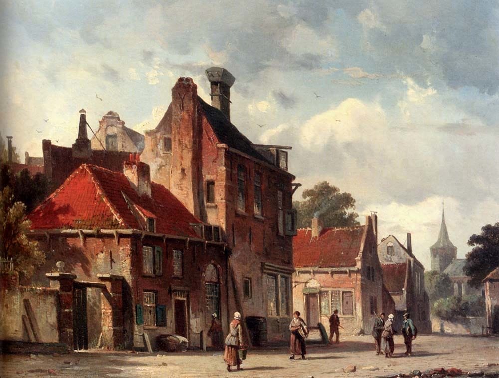 Artwork Title: View Of Town With Figures In A Sunlit Street