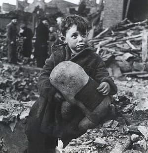 Artwork Title: An abandoned boy, holding a soft toy amongst the devastation of the London Blitz
