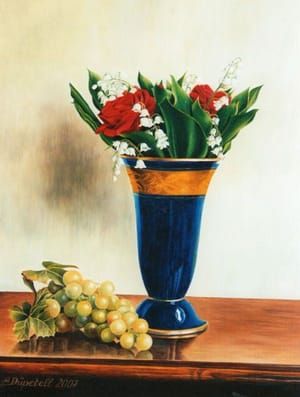 Artwork Title: Rosen und Maiglöckchen in blauer Vase
