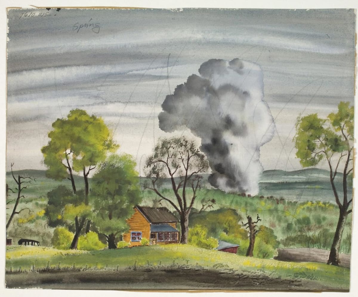 Artwork Title: Spring Landscape with Small House with Large Cloud of Rising Smoke on the Horizon