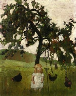 Artwork Title: Elizabeth with Hens under an Apple Tree