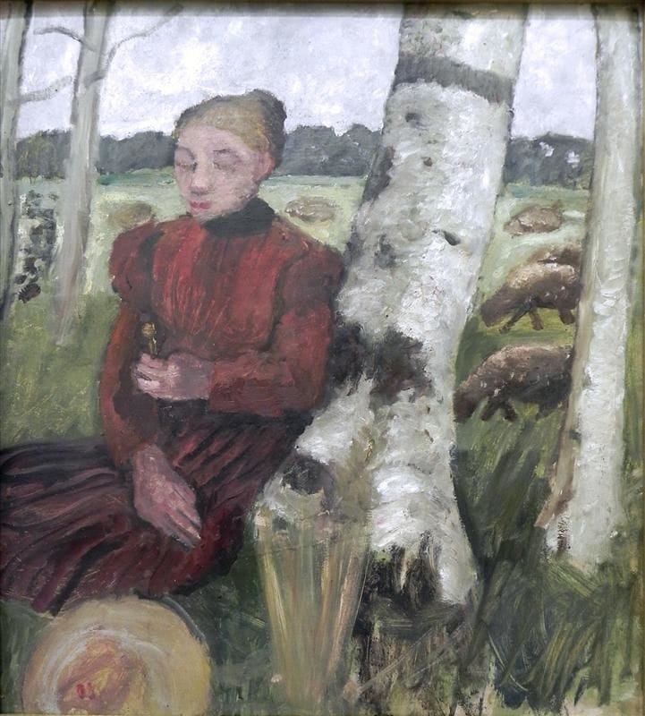 Artwork Title: Girl by Birch Trees with Sheep in Background