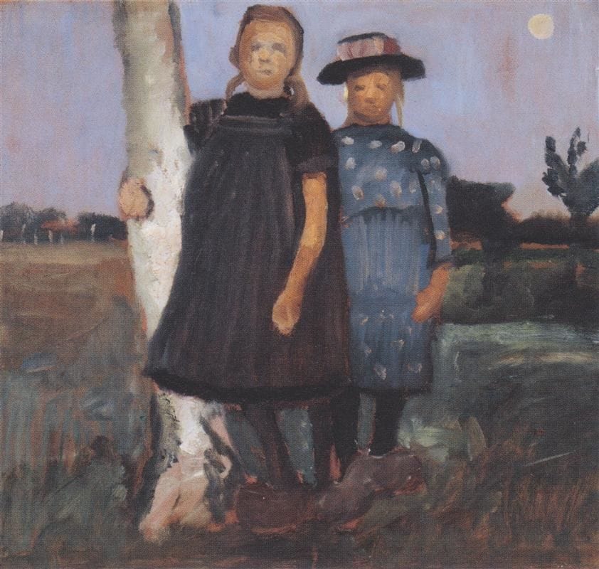 Artwork Title: Two girls standing by a Birch Trunk