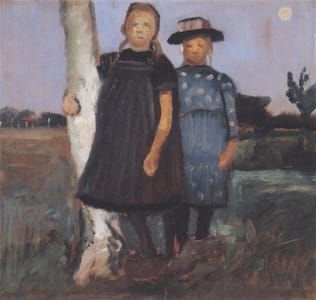 Artwork Title: Two girls standing by a Birch Trunk