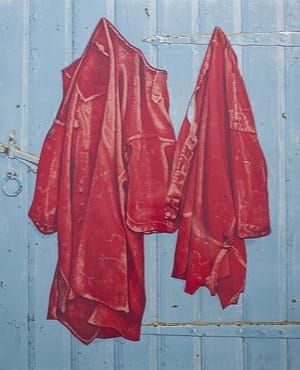 Artwork Title: Roodbaaien hemden op blauwe deur (Red Bay Shirts on a Blue Door)
