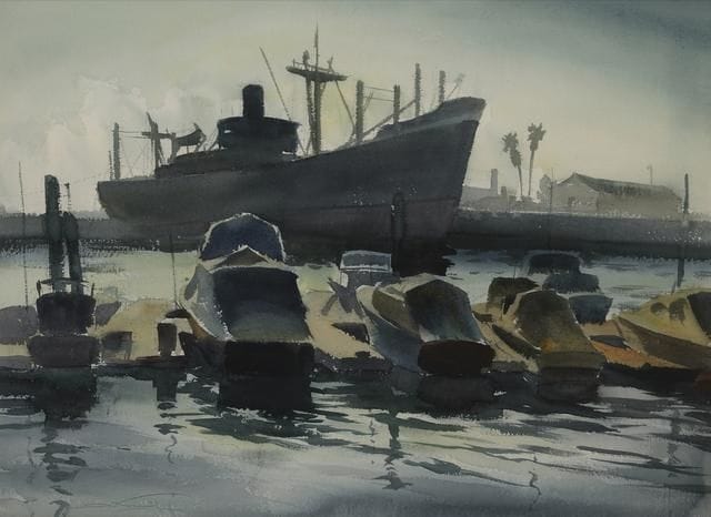 Artwork Title: Boats in a Harbor, believed to be San Pedro