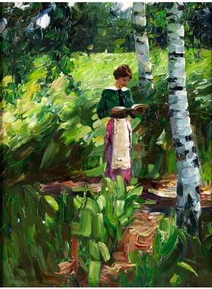 Artwork Title: Reading Girl Among Birches on a Hillside