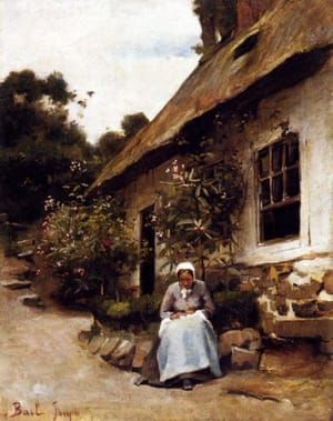 Artwork Title: Woman Sewing In Front Of Her Cottage