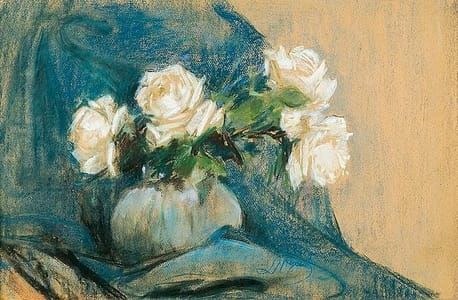 Artwork Title: White Roses with Blue Cloth