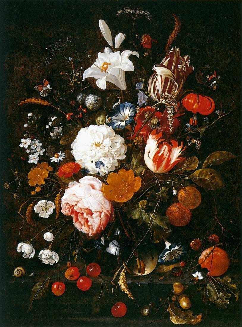 Artwork Title: Still Life With Flowers In A Glass Vase And Fruit
