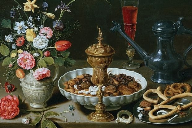 Artwork Title: Still Life with Flowers, Gilt Goblet, Almonds, Dried Fruits, Sweets, Biscuits, Wine and a Pewter Fla