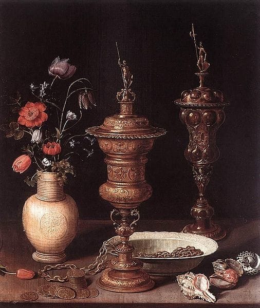 Artwork Title: Still Life with Flowers, Gilt Goblets, Coins and Shells