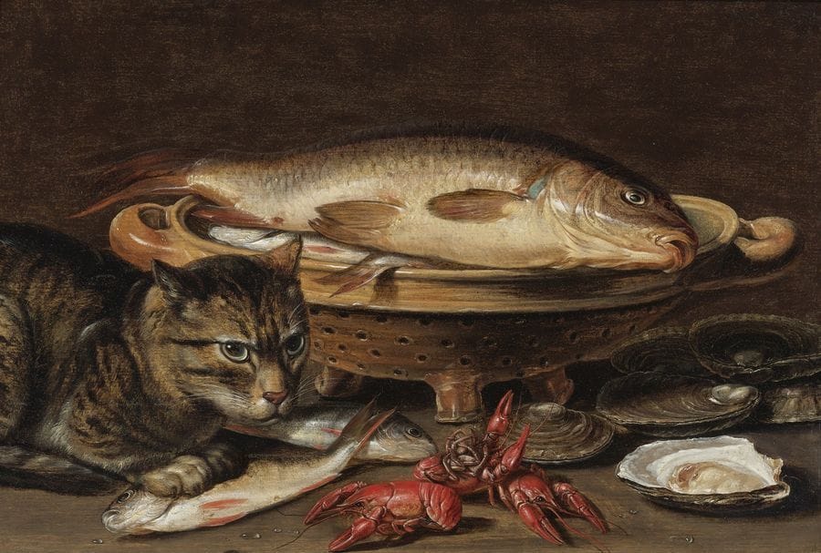 Artwork Title: Still Life with Fish in a Ceramic Collander, Oysters, Langoustines, Mackerel and a Cat on the Ledge