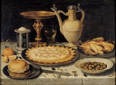 Artwork Title: Table with Cloth, Salt Cellar, Gilt Standing Cup, Pie, Porcelain Plate with Olives and Cooked Fowl