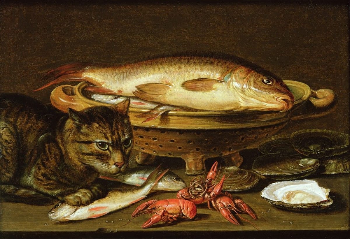 Artwork Title: Still Life with Fish in a Ceramic Collander, Oysters, Langoustines, Mackerel and a Cat on the Ledge