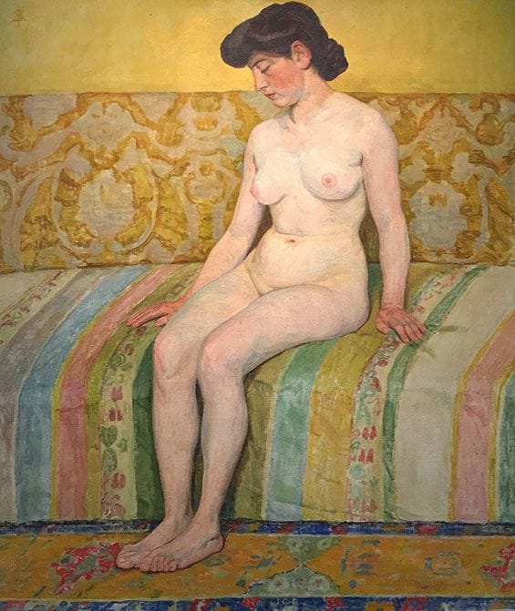Artwork Title: Akt auf Couch mit gestreifter Decke (Nude on Couch with Striped Blanket)