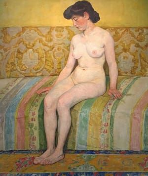 Artwork Title: Akt auf Couch mit gestreifter Decke (Nude on Couch with Striped Blanket)