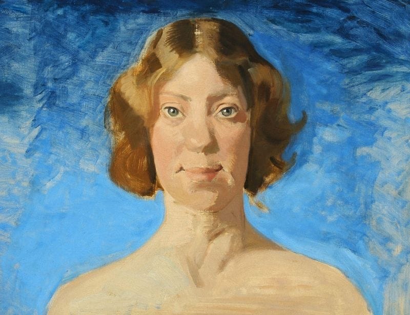 Artwork Title: Portrait of Painter Bertha Dorph Against Blue Background