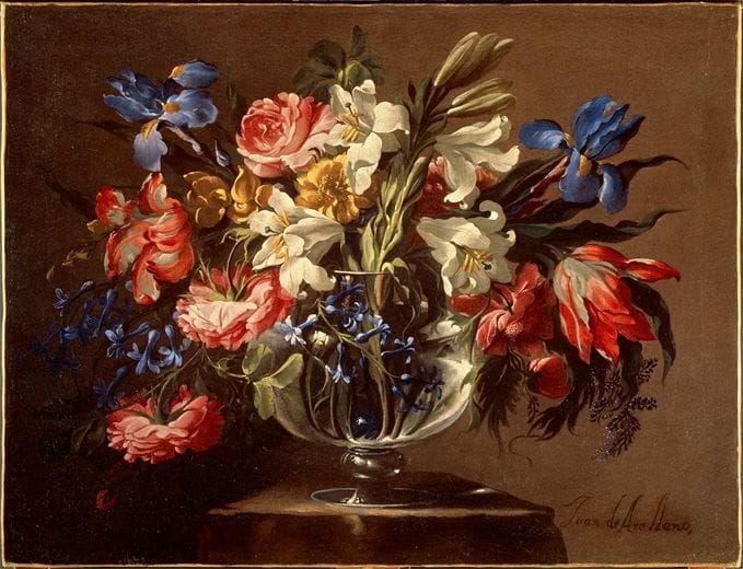 Artwork Title: Rosas, lilas y tulipanes en un jarrón de cristal