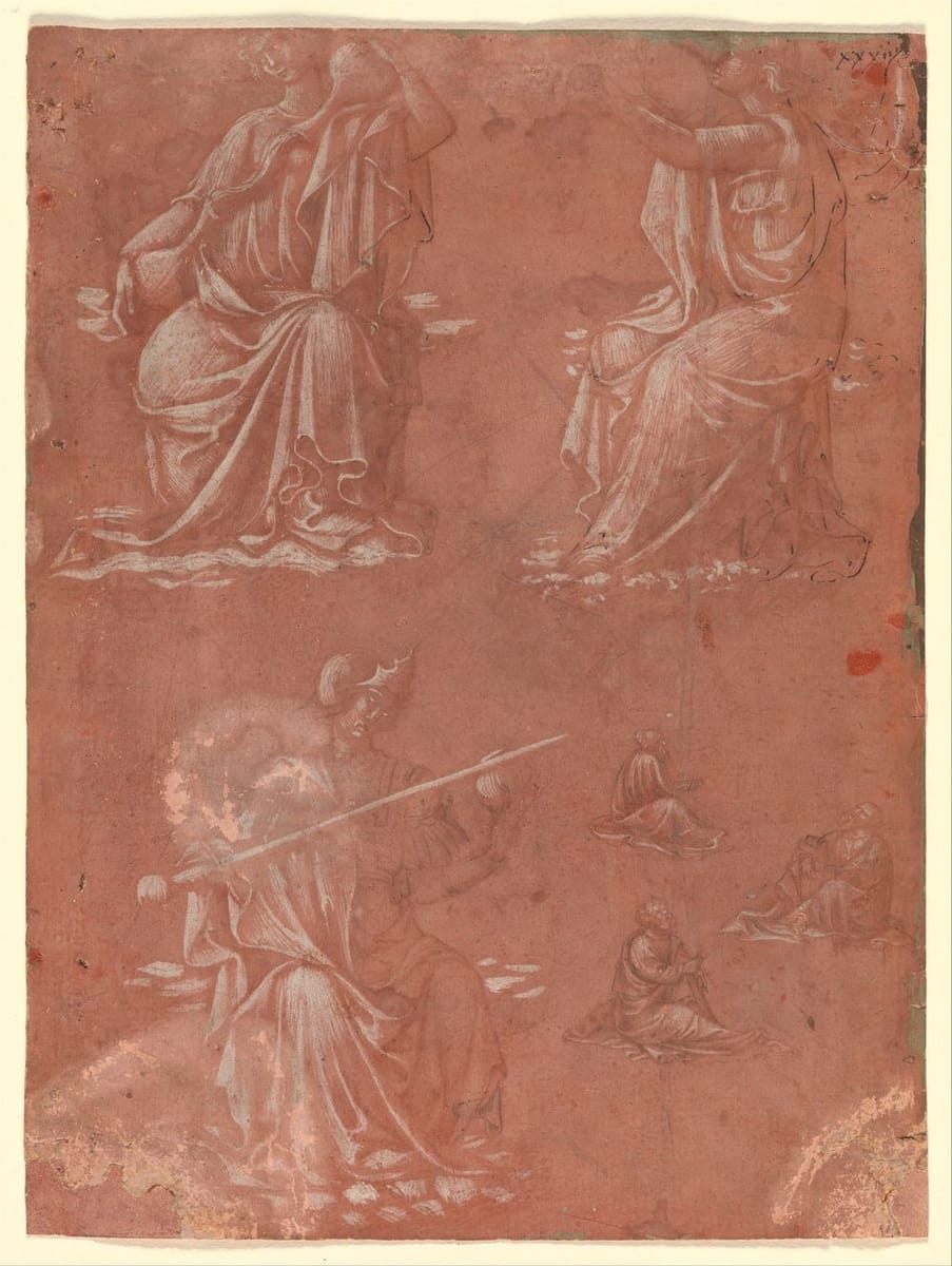 Artwork Title: Three Virtues (Temperance, Hope, and Fortitude or Justice) and Studies of a Seated Man