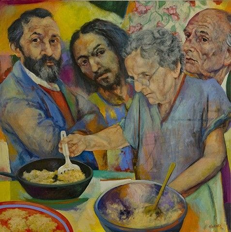 Artwork Title: Mom Makes Latkes for Bloom and Jesus, Balthus Leaves the Table